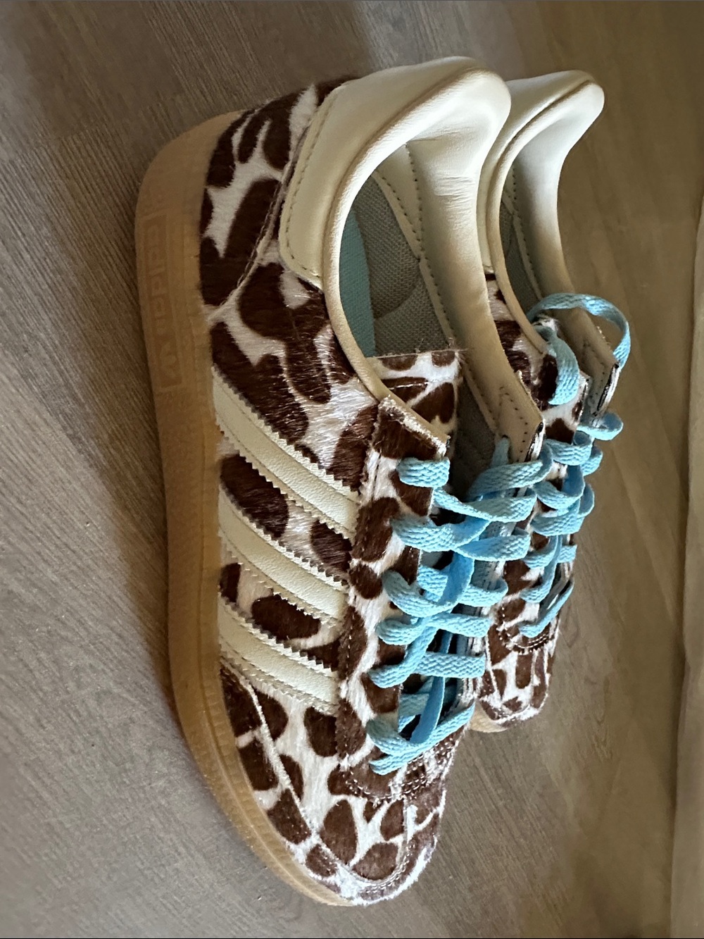 adidas Samba OG Sneakers in Brown Giraffe Print with Light Blue Laces